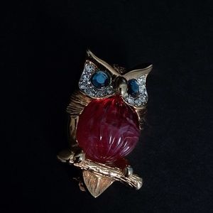 Vintage Signed Kenneth Jay Lane KJL Gold Tone Crystal Owl Brooch